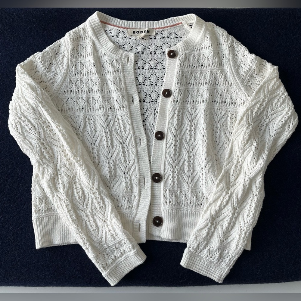 NWOT Boden Cropped Pointelle Ivory Cardigan, XS